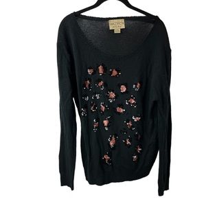 Wildfox Sweater Black Leopard Cheetah Print Small Sequins Scoop Neck Thin Knit